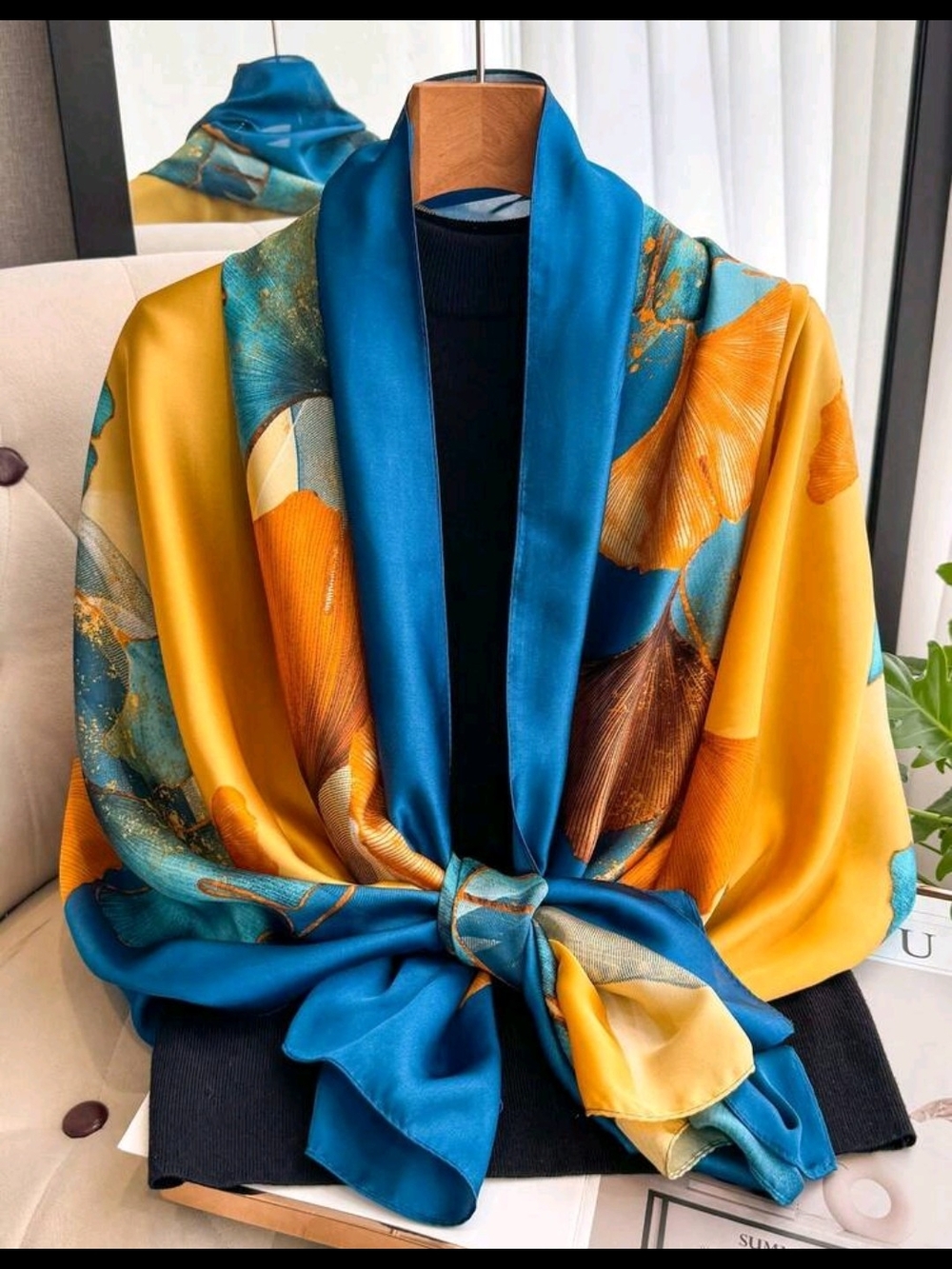 Teal and Mustard Floral Satin Wrap